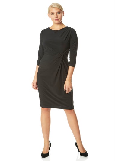 Roman Black 3/4 Sleeve Twist Waist Dress