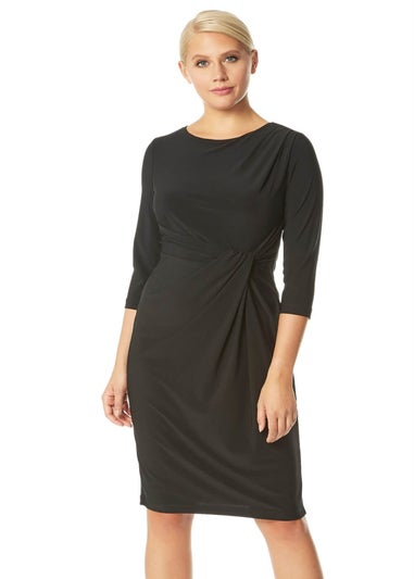 Roman Black 3/4 Sleeve Twist Waist Dress