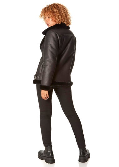 Roman Black Faux Fur Lined Zip Detail Aviator Jacket