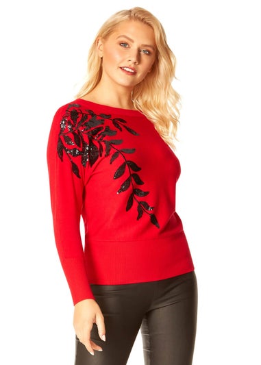 Roman Red Long Sleeve Sequin Leaf Jumper