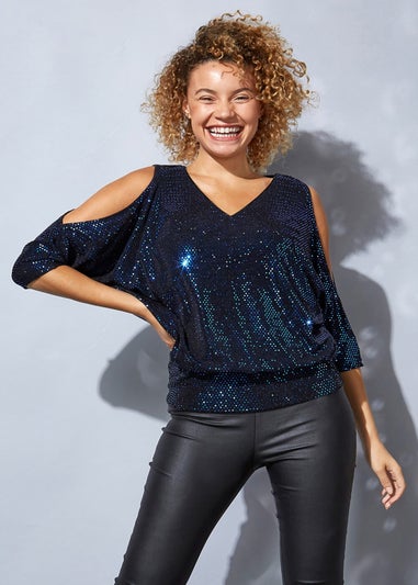 Roman Navy Split Sleeve Sequin Blouson Top