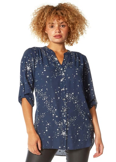 Roman Midnight-Blue Glitter Star Print Button Through Blouse