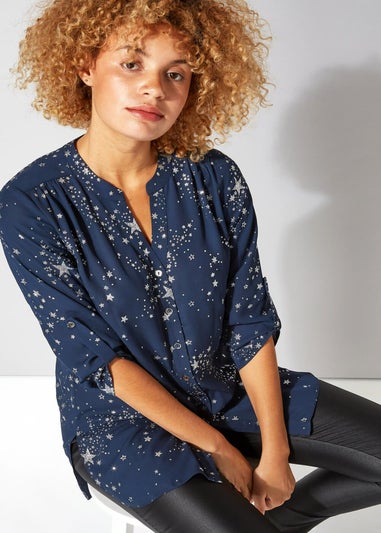 Roman Midnight-Blue Glitter Star Print Button Through Blouse
