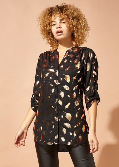 Roman Pink Foil Feather Print Button Through Blouse