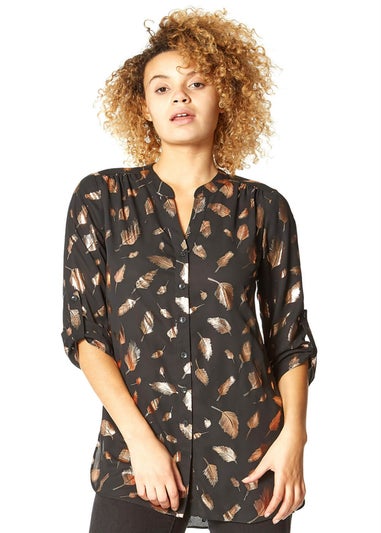 Roman Pink Foil Feather Print Button Through Blouse