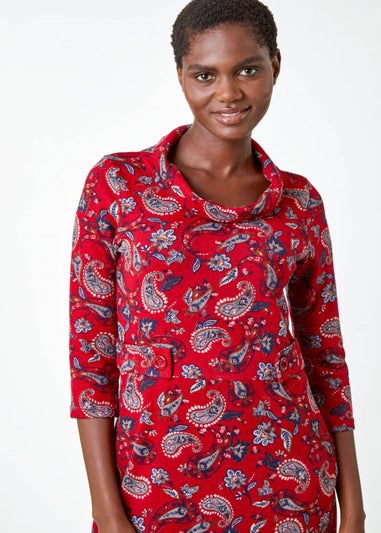 Roman Red Paisley Print Cowl Neck Dress