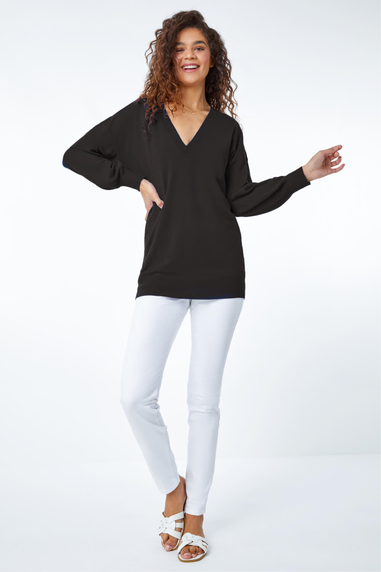 Roman Black Plain V-Neck Stretch Longline Jumper