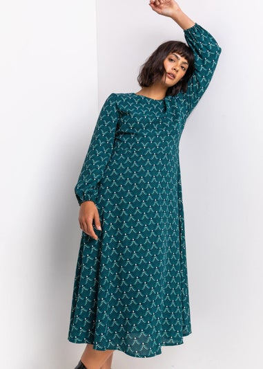 Roman Teal Tile Print Fit & Flare Midi Dress