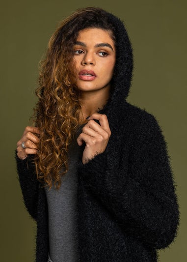 Roman Black Fluffy Hooded Cardigan