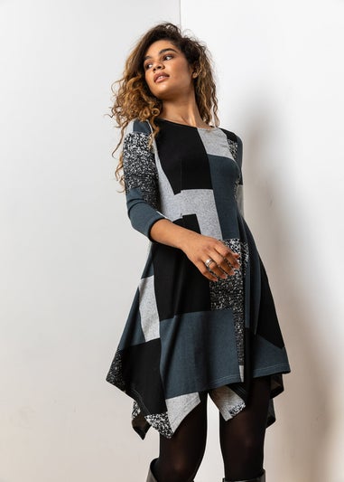 Roman Grey Patchwork Print Hanky Hem Dress