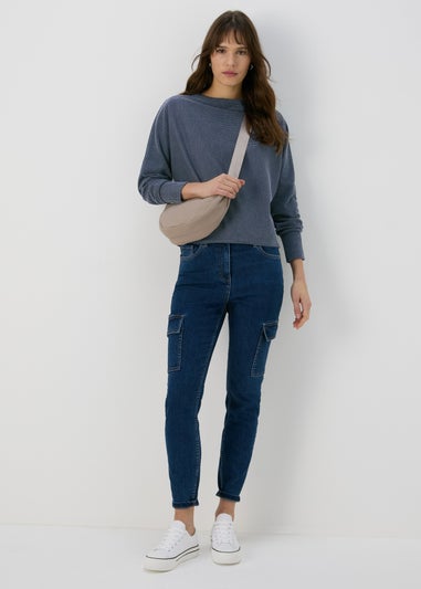 Papaya Blue Denim Look Ribbed Dolman Top