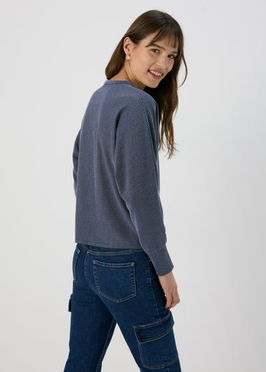 Papaya Blue Denim Look Ribbed Dolman Top