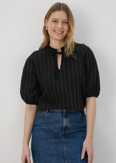 Black High Neck Tie Blouse