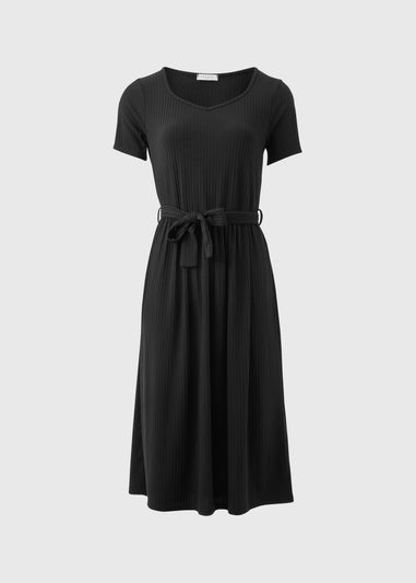 Black Belted Ribbed Midi Dress