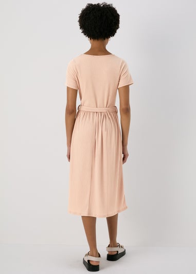 Camel Belted Ribbed Midi Dress