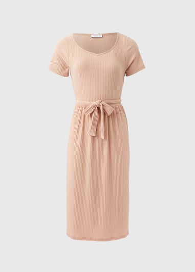 Camel Belted Ribbed Midi Dress