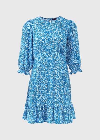 Blue Floral Frill Cuff Mini Dress