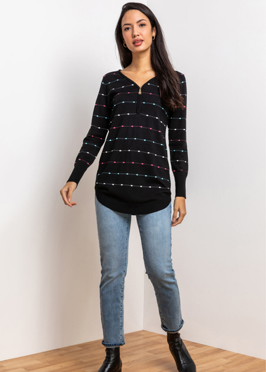 Roman Black Bobble Knit Zip Detail V-Neck Jumper