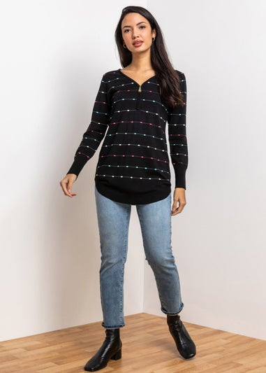 Roman Black Bobble Knit Zip Detail V-Neck Jumper