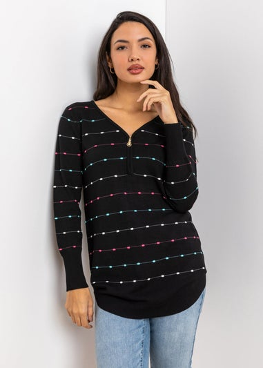 Roman Black Bobble Knit Zip Detail V-Neck Jumper