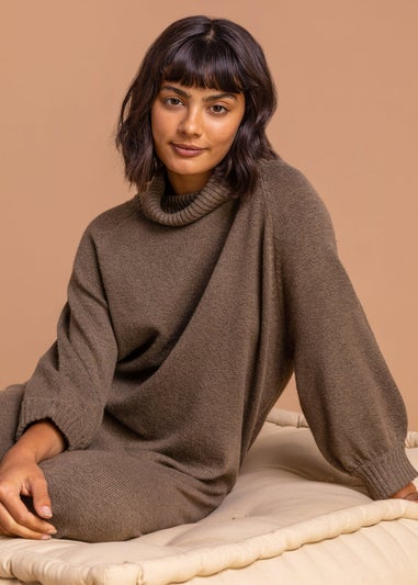 Roman Brown Roll Neck Knitted Midi Dress