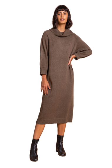 Roman Brown Roll Neck Knitted Midi Dress