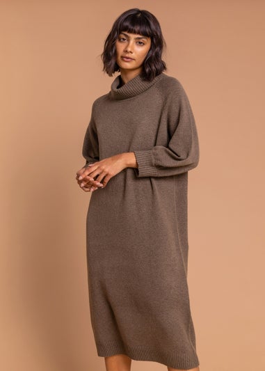 Roman Brown Roll Neck Knitted Midi Dress