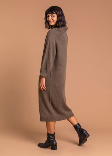 Roman Brown Roll Neck Knitted Midi Dress