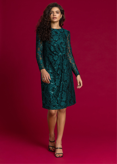 Roman Teal Sequin Ruched Lace Wrap Dress