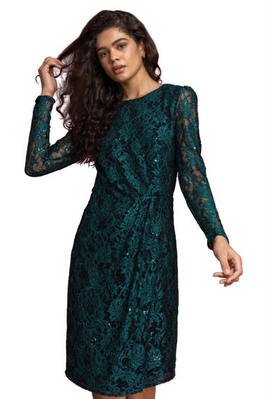 Roman Teal Sequin Ruched Lace Wrap Dress