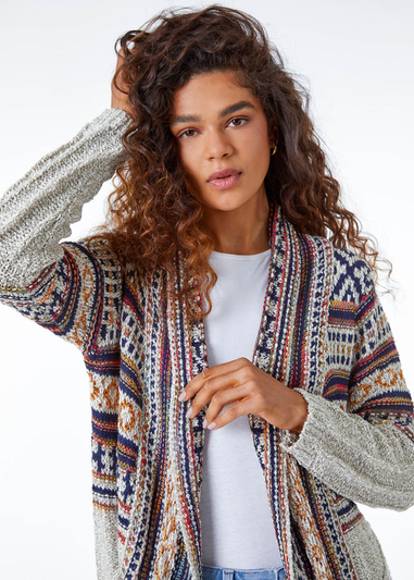 Roman Natural Aztec Print Tassel Hem Longline Cardigan