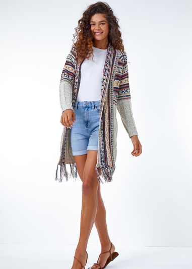 Roman Natural Aztec Print Tassel Hem Longline Cardigan