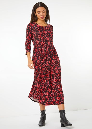 Roman Red Ditsy Floral Stretch Midi Dress