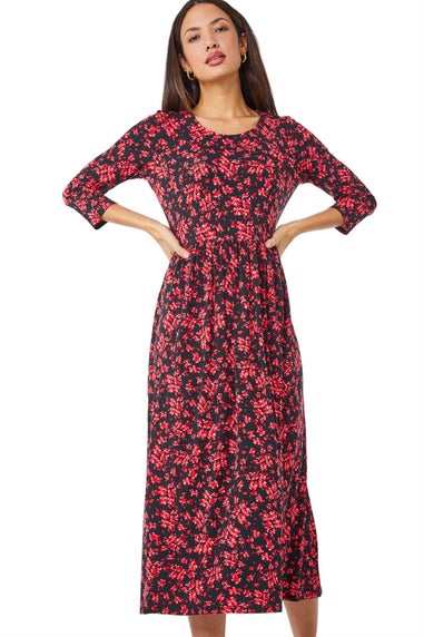 Roman Red Ditsy Floral Stretch Midi Dress