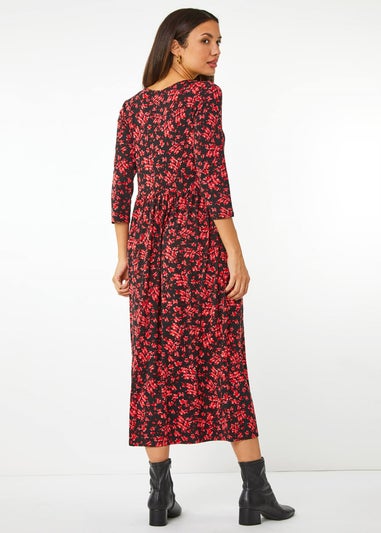 Roman Red Ditsy Floral Stretch Midi Dress