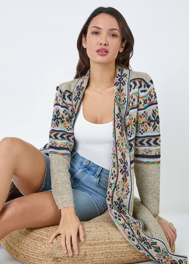 Roman Natural Nordic Patterned Longline Cardigan