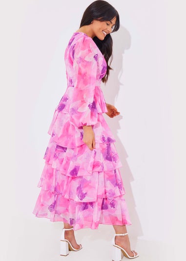 In The Style Jac Jossa Pink Floral Print Frill Maxi Dress