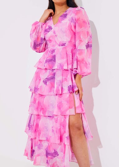 In The Style Jac Jossa Pink Floral Print Frill Maxi Dress