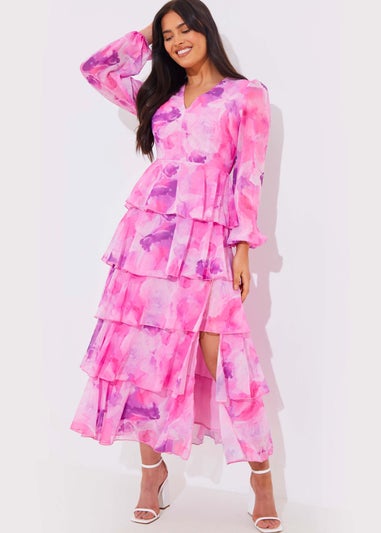 In The Style Jac Jossa Pink Floral Print Frill Maxi Dress