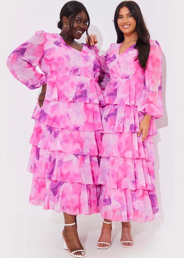 In The Style Jac Jossa Pink Floral Print Frill Maxi Dress