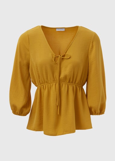 Mustard Tie Detail V Neck Blouse Top