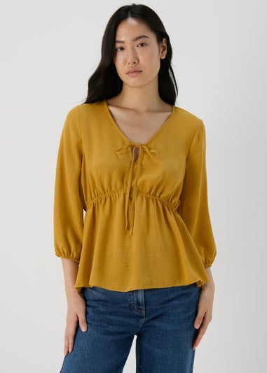 Mustard Tie Detail V Neck Blouse Top