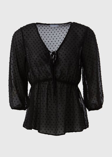 Black Tie Detail V Neck Dobby Blouse Top