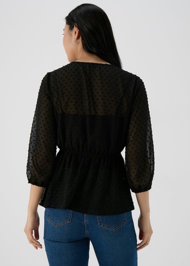 Black Tie Detail V Neck Dobby Blouse Top