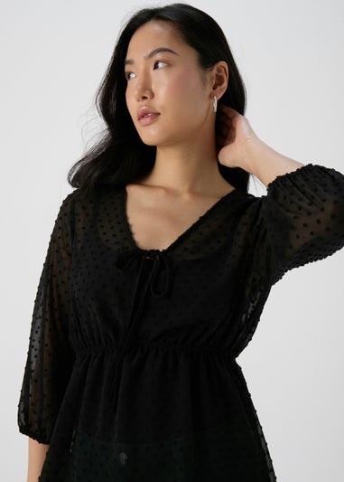 Black Tie Detail V Neck Dobby Blouse Top