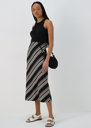 Black Mono Stripe Jersey Midi Skirt