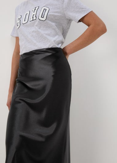 Papaya Black Satin Midi Skirt