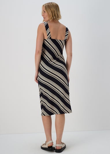 Black Mono Diagonal Stripe Crinkle Midi Dress