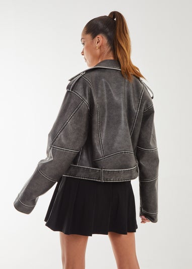 Pink Vanilla Stone Washed PU Biker Jacket