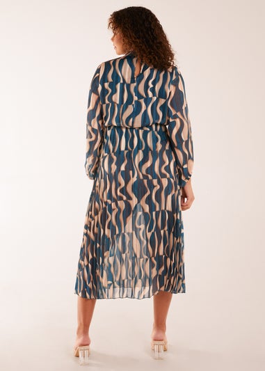 Blue Vanilla High Neck Pleated Metallic Geometric Print Midi Dress